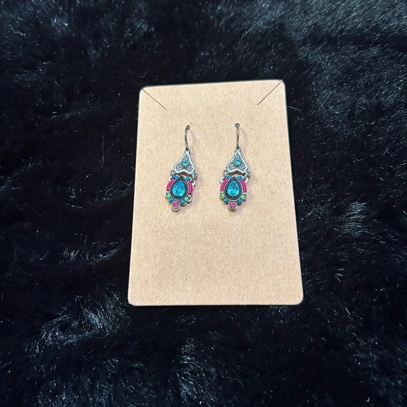 Boho Gemstone-Inspired Dangle Earrings Teardrop Blue with Pink Silver Detailing - Picture 1 of 5
